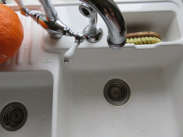 Eine weiße Spüle mit zwei Becken, einem Wasserhahn und einem Gelben Schwamm. Ein Kürbis liegt auf der linken Seite.
