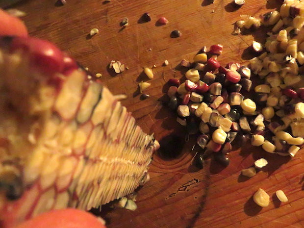 Zuckermais mit dem Messer entkernt