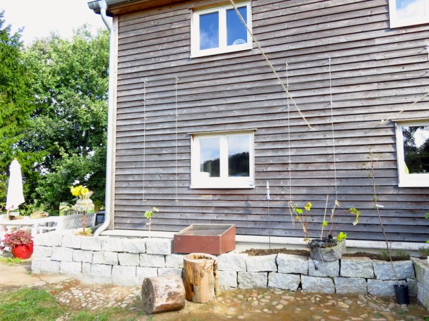 Hochbeet an Hausmauer und Spalier