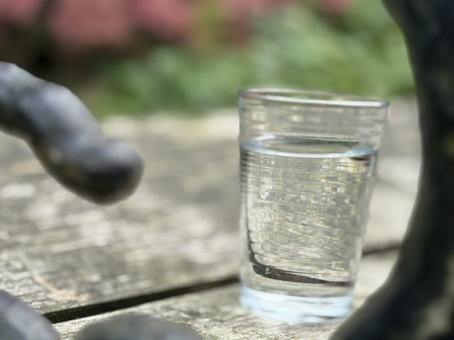 Ein Glas mit Wasser steht auf einem Holztisch, umgeben von unscharfen skulpturalen Elementen und einer grünen Hintergrundlandschaft.