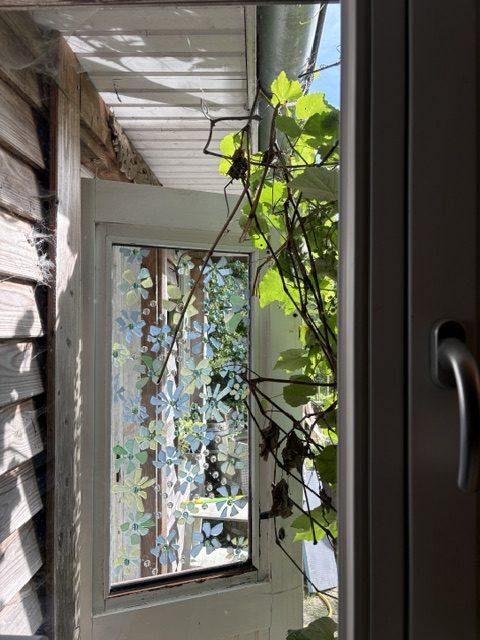 Blick durch ein Fenster mit bunten blumenartigen Aufklebern und einem Weinlaub, das außen wächst.